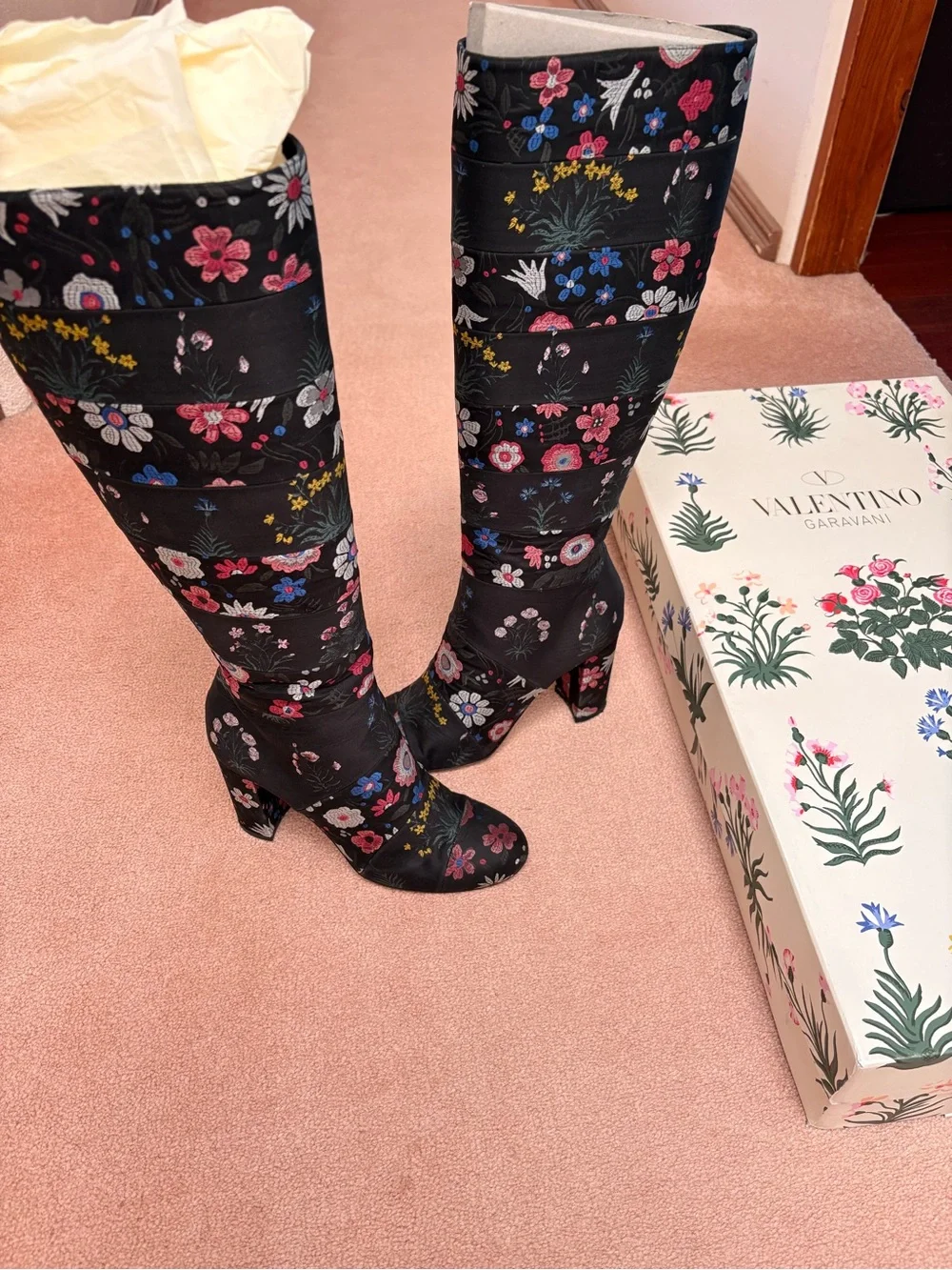 Valentino Garavani Black Floral Below-The-Knee Boots